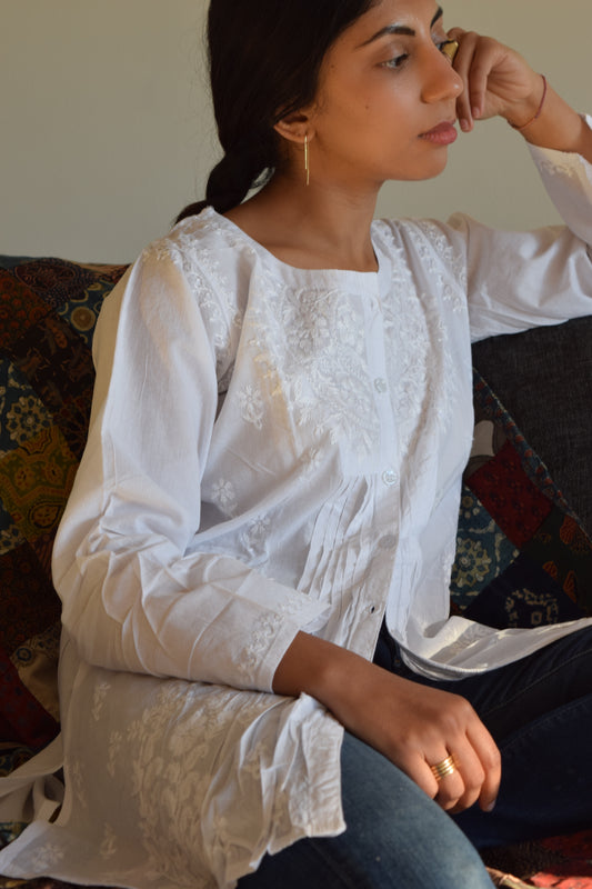 Button Front Chikankari Tunic w/ Center Pleats